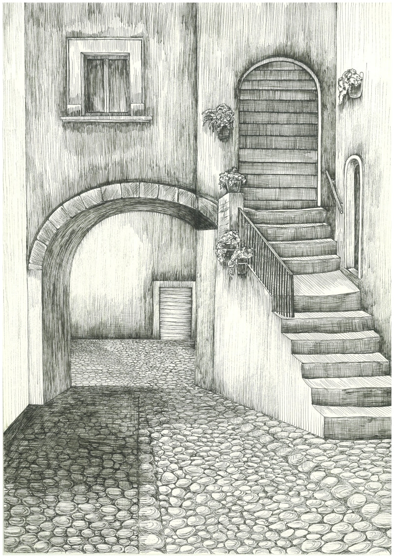Aburrzo Italy' cityscape pen-ink drawing by artist Ninoshka Dias, 17x12 inch, on paper