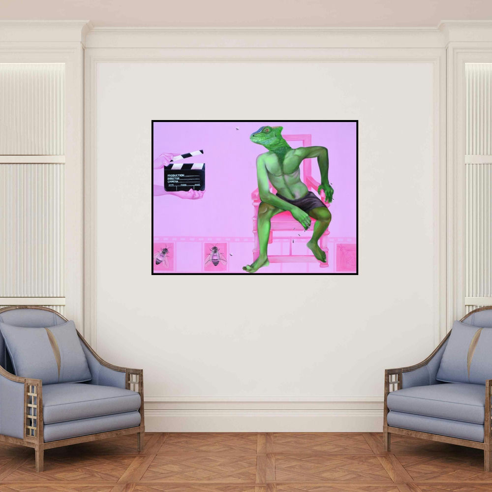 'Actor (The Reptilian Director)' painting by Swapnil Ramgade shown on a wall in a furnished room.