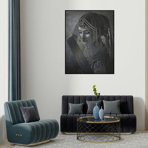 Kamal Rao's 'Adaa (Morning Commute)' painting visualized above a sofa in a contemporary room.