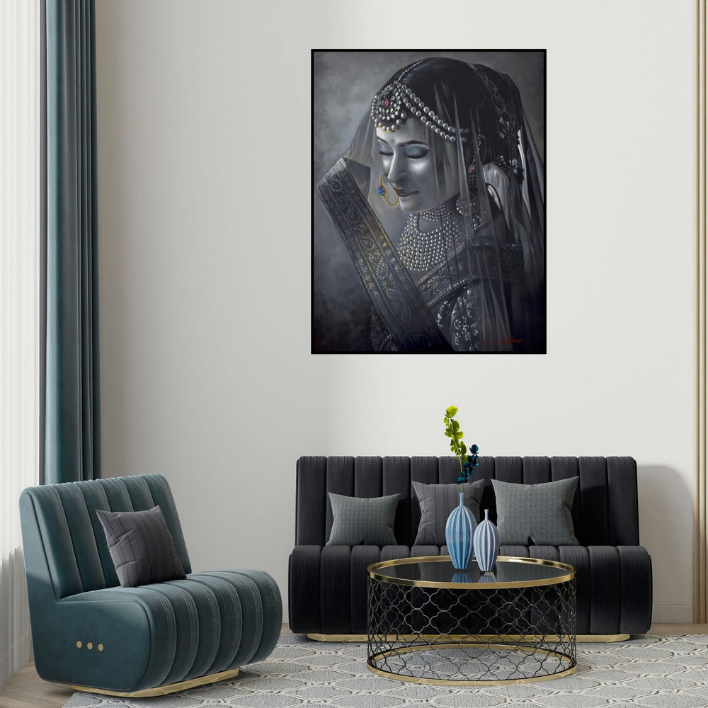 Kamal Rao's 'Adaa (Maestro's Melody)' painting visualized above a sofa in a contemporary room.