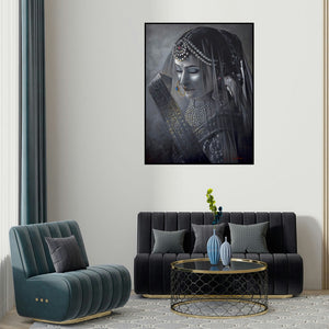 Kamal Rao's 'Adaa (Maestro's Melody)' painting visualized above a sofa in a contemporary room.