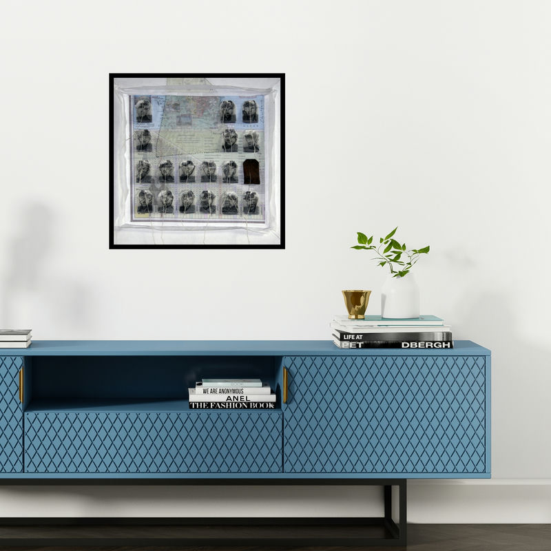 Preview of 'Addiction 3 (Faces of the Globe)' Painting by Jitendra Thorat shown on a wall in a furnished room.