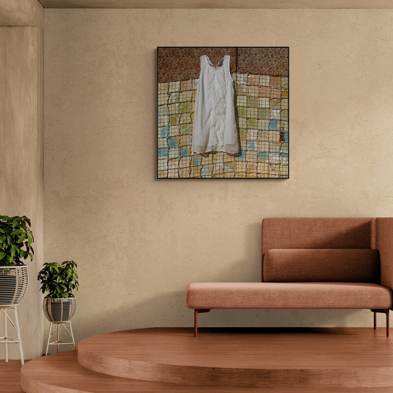 Preview of 'Addiction 4 (Elegant Simplicity)' Painting by Jitendra Thorat shown on a wall in a furnished room.