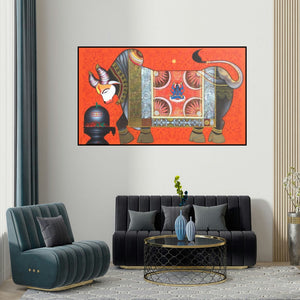 Ashok Rathod's 'Adhikaranandin (Nandi's Devotion)' painting visualized above a sofa in a contemporary room.