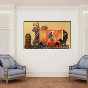 'Adhikaranandin (Nandi's Divine Vision)' painting by Ashok Rathod shown on a wall in a furnished room.
