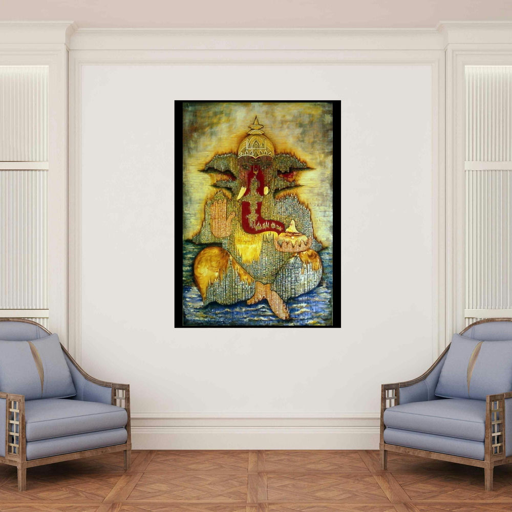'Adhipati (Ganpati)' painting by Mrs Sushama Gode shown on a wall in a furnished room.