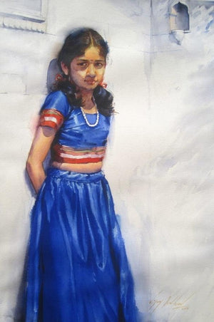 Aditi by Vijay Jadhav, Original Watercolor Figurative Painting on Paper, Small Vertical Wall Art
