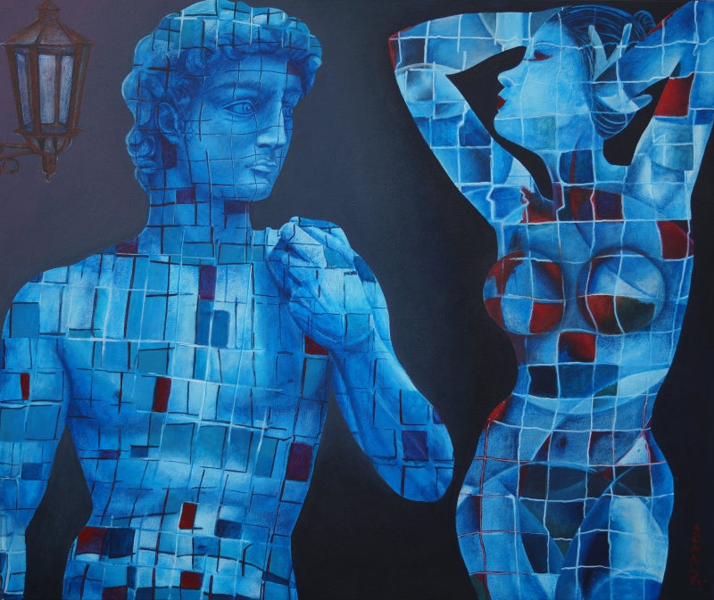 'Admiring David' nude acrylic painting by artist Sonaly Gandhi, 30x36 inch, on canvas