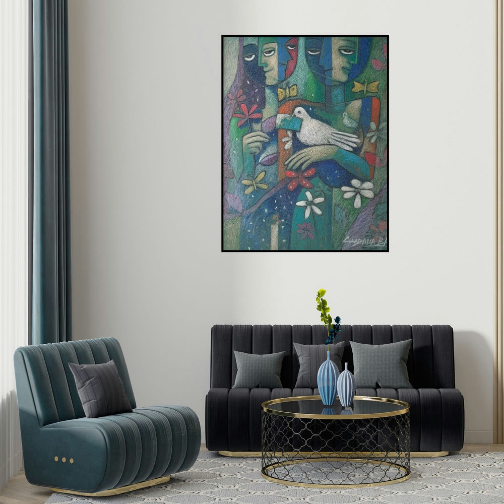 Chandana Bhattacharjee's 'Adorable Mother Earth 2 (The Interconnectedness)' painting visualized above a sofa in a contemporary room.