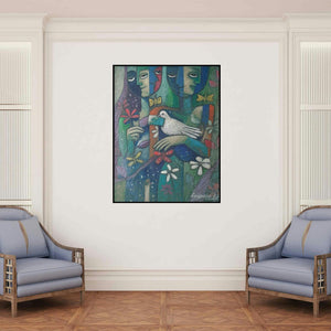 'Adorable Mother Earth 2 (The Interconnectedness)' painting by Chandana Bhattacharjee shown on a wall in a furnished room.