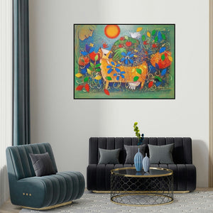 Chandana Bhattacharjee's 'Adorable Mother Earth 2 (Harmony in Nature)' painting visualized above a sofa in a contemporary room.