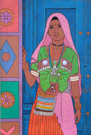 Adorned In Colours by Gopal Nandurkar, Original Acrylic Figurative Painting on Canvas, Small Vertical Wall Art