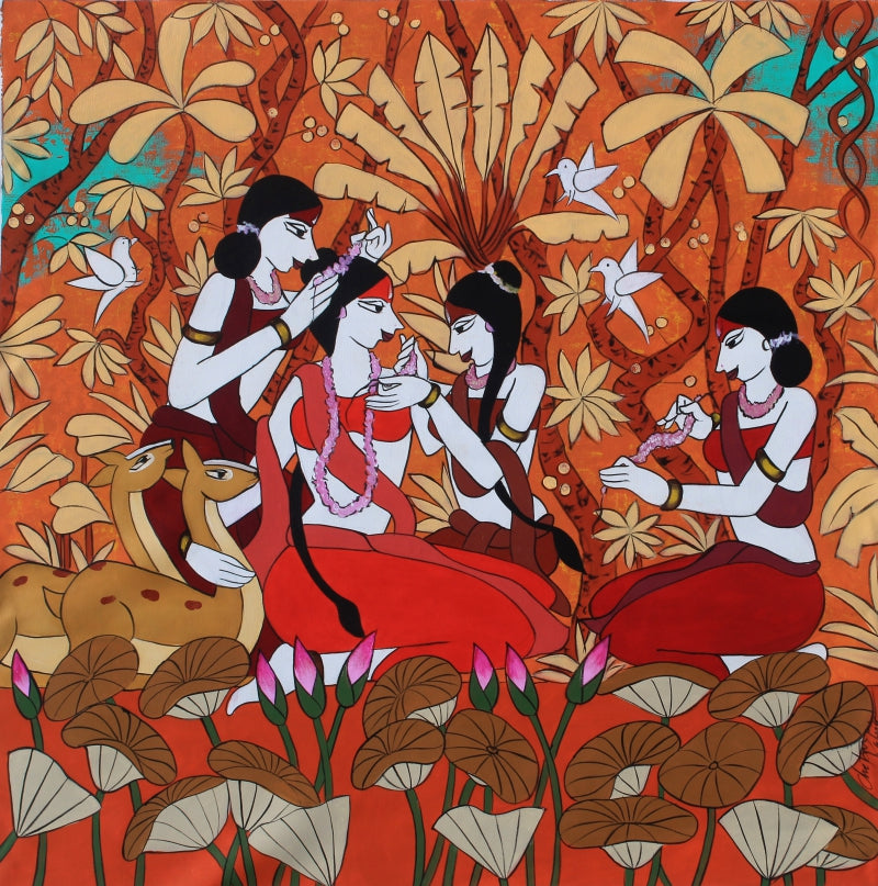 Adorning' figurative acrylic painting by artist Chetan Katigar, 44x44 inch, on canvas