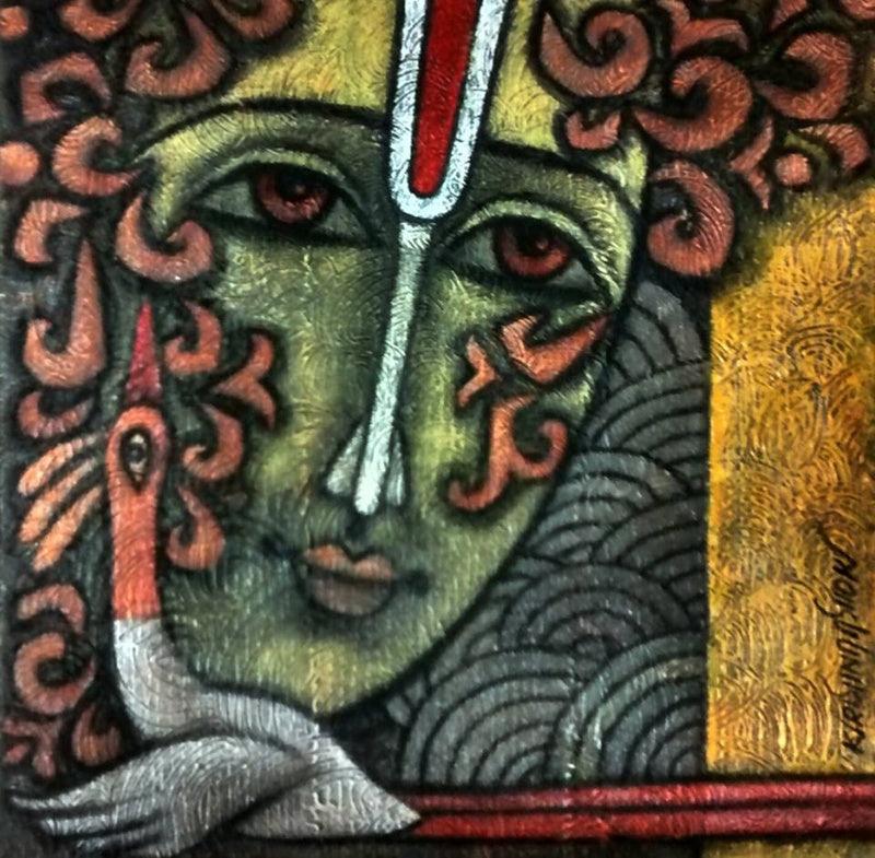 Figurative mixed media titled 'Advaitha 13', 14x14 inches, by artist Krishna Ashok on Canvas