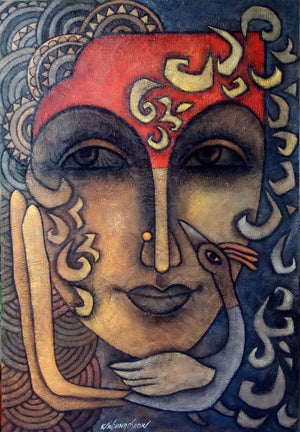 Advaitha 14 (Contemplative Harmony) by Krishna Ashok, Original Canvas Figurative Painting on Canvas, Medium Vertical Wall Art