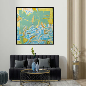 Sameer Dixit's 'Aerial View 1 (The Labyrinth of Lines)' painting visualized above a sofa in a contemporary room.