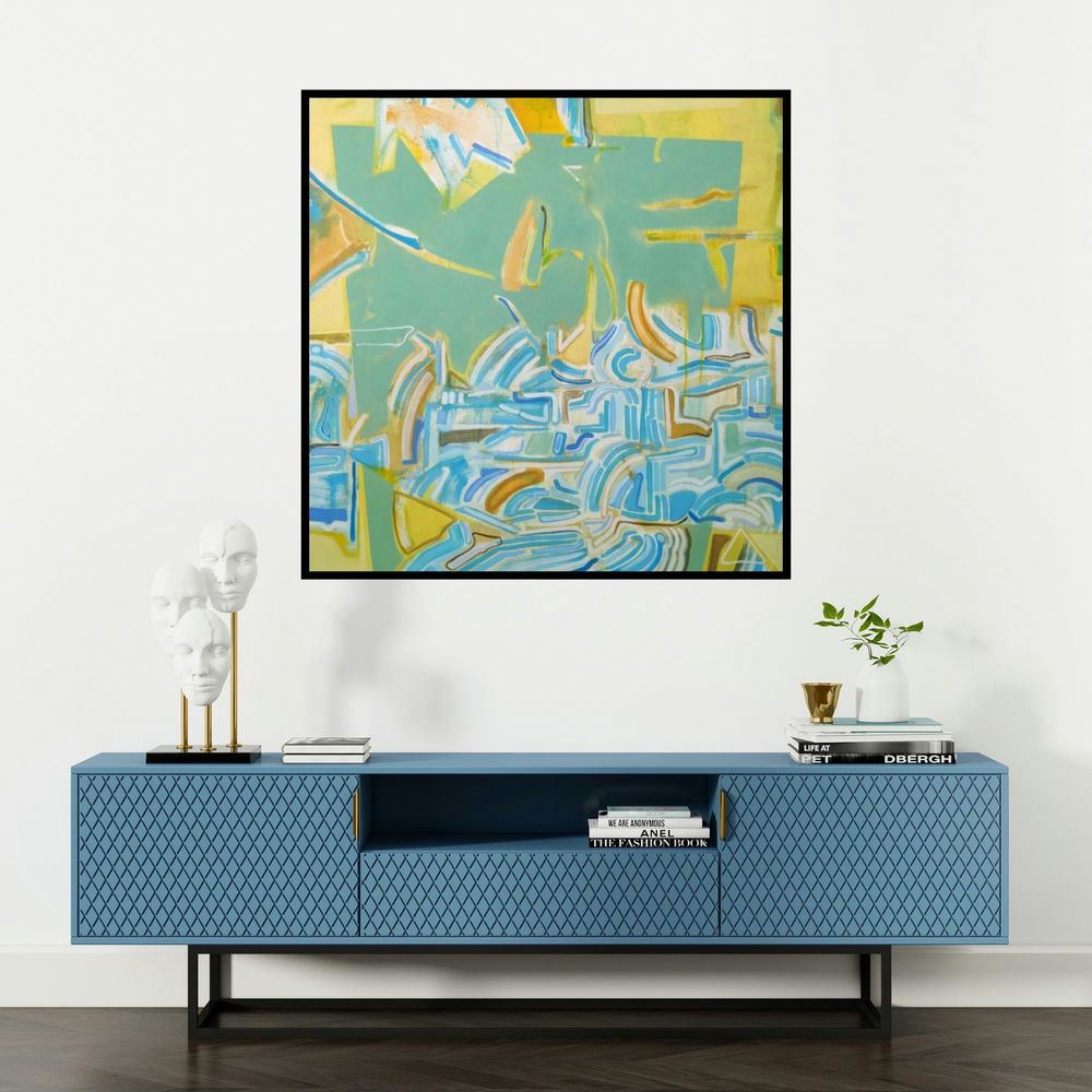 'Aerial View 1 (The Labyrinth of Lines)' painting by Sameer Dixit shown on a wall in a furnished room.