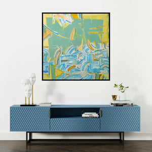 'Aerial View 1 (The Labyrinth of Lines)' painting by Sameer Dixit shown on a wall in a furnished room.