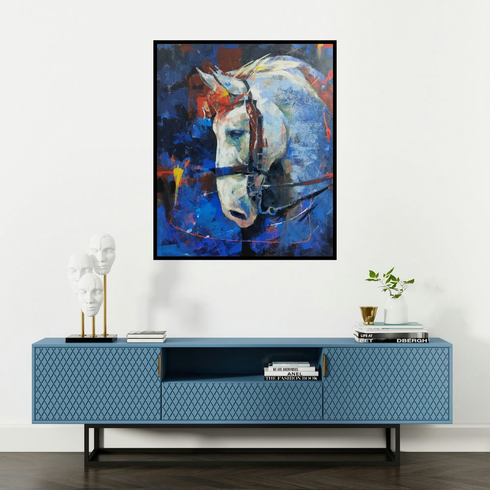 Ashis Mondal's 'The Aesthetic Of Energy 17 (Noble Steed)' painting visualized above a sofa in a contemporary room.