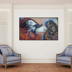 'The Aesthetic Of Energy 4 (The Duel)' painting by Ashis Mondal shown on a wall in a furnished room.