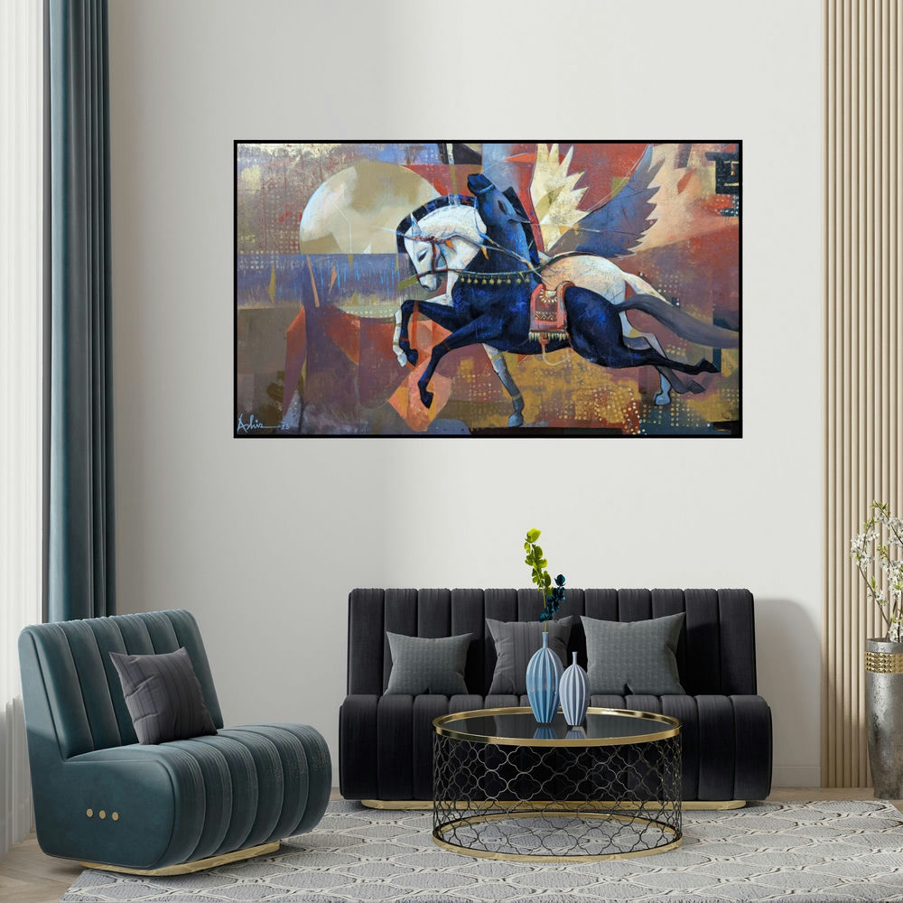 Ashis Mondal's 'The Aesthetics Of Energy Bcv (Winged Rider)' painting visualized above a sofa in a contemporary room.