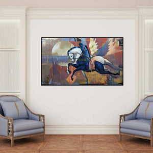 'The Aesthetics Of Energy Bcv (Winged Rider)' painting by Ashis Mondal shown on a wall in a furnished room.