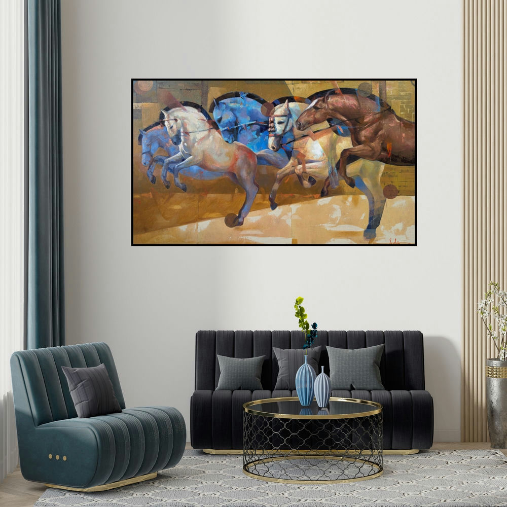 Ashis Mondal's 'The Aesthetics Of Energy Bcviii (Galloping Grace)' painting visualized above a sofa in a contemporary room.