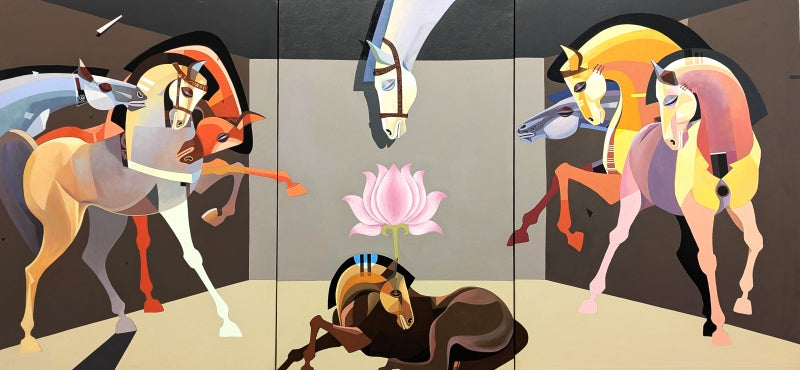 The Aesthetics Of Energy Bfix (Triptych)' animals acrylic painting by artist Ashis Mondal, 48x96 inch, on canvas