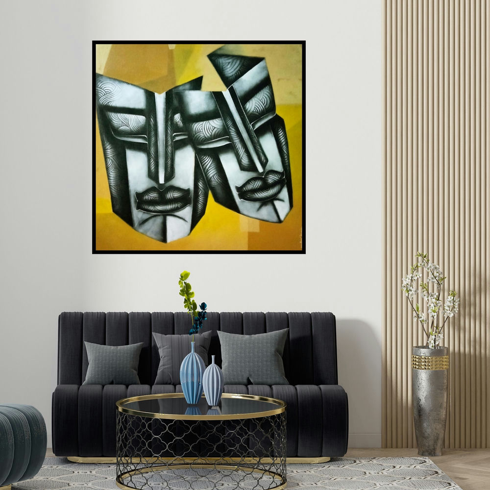 Samir Chanda's 'Affair 2 (Shifting Identities)' painting visualized above a sofa in a contemporary room.