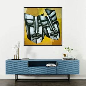 'Affair 2 (Shifting Identities)' painting by Samir Chanda shown on a wall in a furnished room.