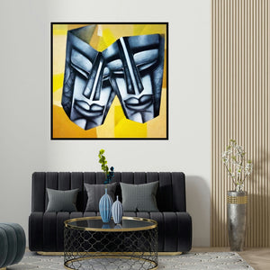 Samir Chanda's 'Affair 3 (Joined in Purpose)' painting visualized above a sofa in a contemporary room.