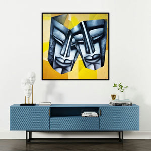 'Affair 3 (Joined in Purpose)' painting by Samir Chanda shown on a wall in a furnished room.