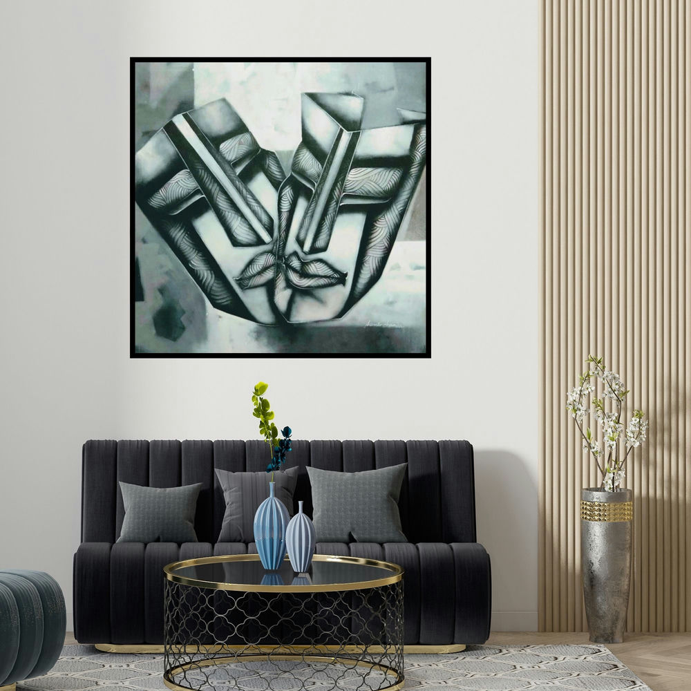 Samir Chanda's 'Affair (The Dance of Connection)' painting visualized above a sofa in a contemporary room.