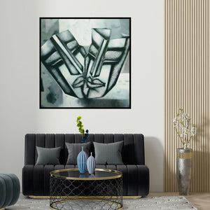 Samir Chanda's 'Affair (The Dance of Connection)' painting visualized above a sofa in a contemporary room.