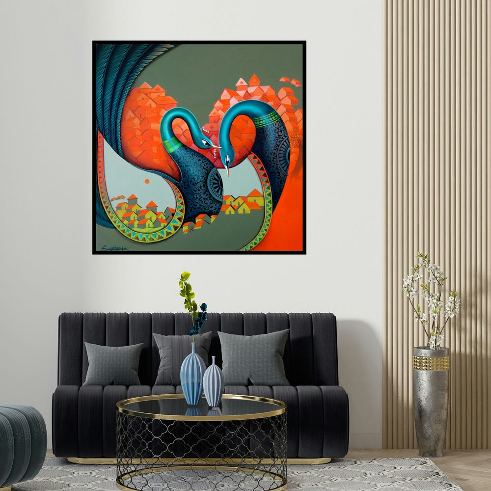 Sanjay Tandekar's 'Affection 12 (Loving Embrace)' painting visualized above a sofa in a contemporary room.