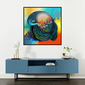 'Affection 13 (Nature's Embrace)' painting by Sanjay Tandekar shown on a wall in a furnished room.