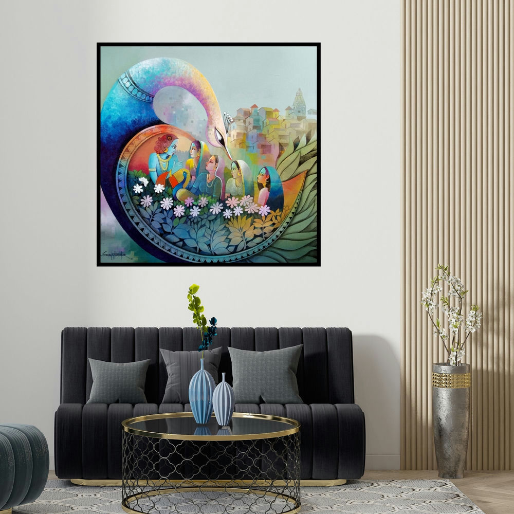 Sanjay Tandekar's 'Affection 18 (Krishna and the Gopis)' painting visualized above a sofa in a contemporary room.