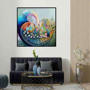 Sanjay Tandekar's 'Affection 18 (Krishna and the Gopis)' painting visualized above a sofa in a contemporary room.