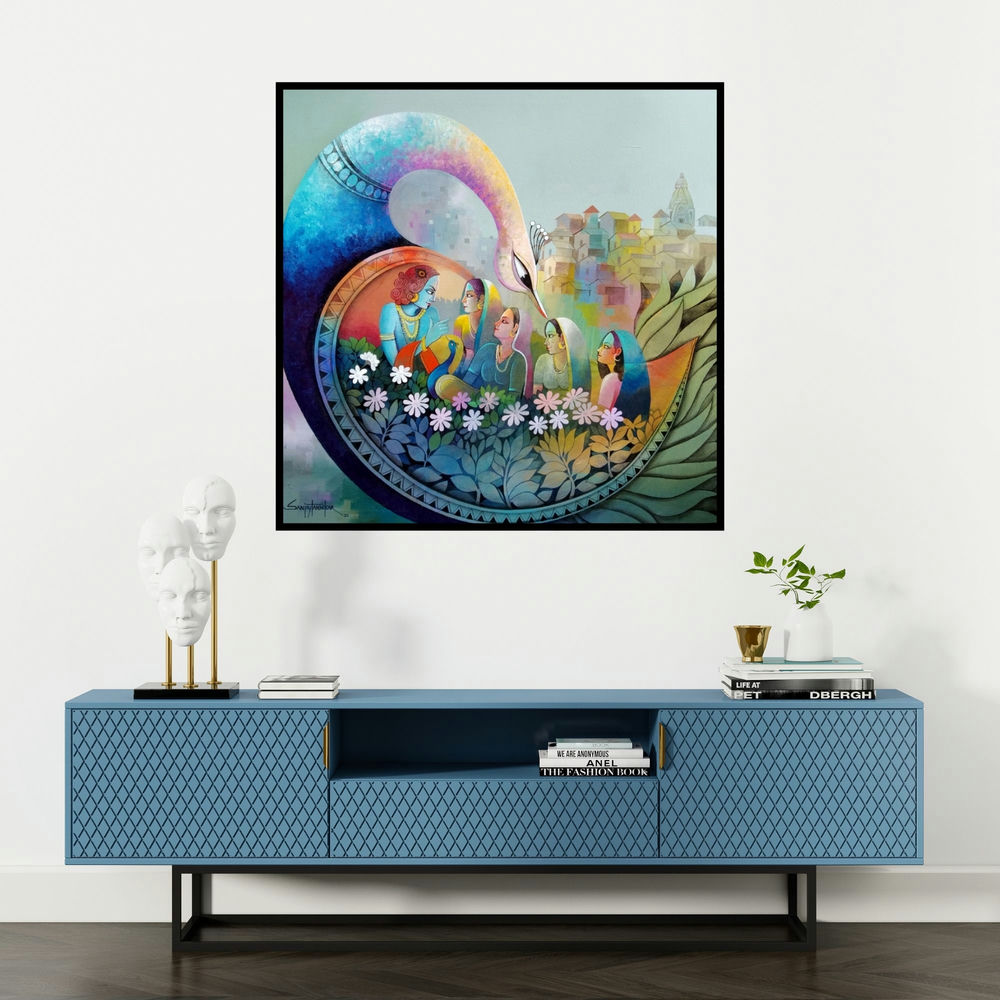 'Affection 18 (Krishna and the Gopis)' painting by Sanjay Tandekar shown on a wall in a furnished room.