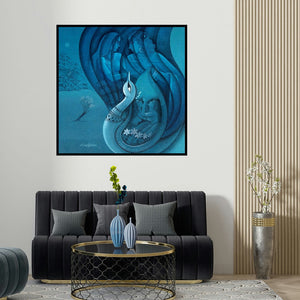 Sanjay Tandekar's 'Affection 19 (Family within the Peacock)' painting visualized above a sofa in a contemporary room.