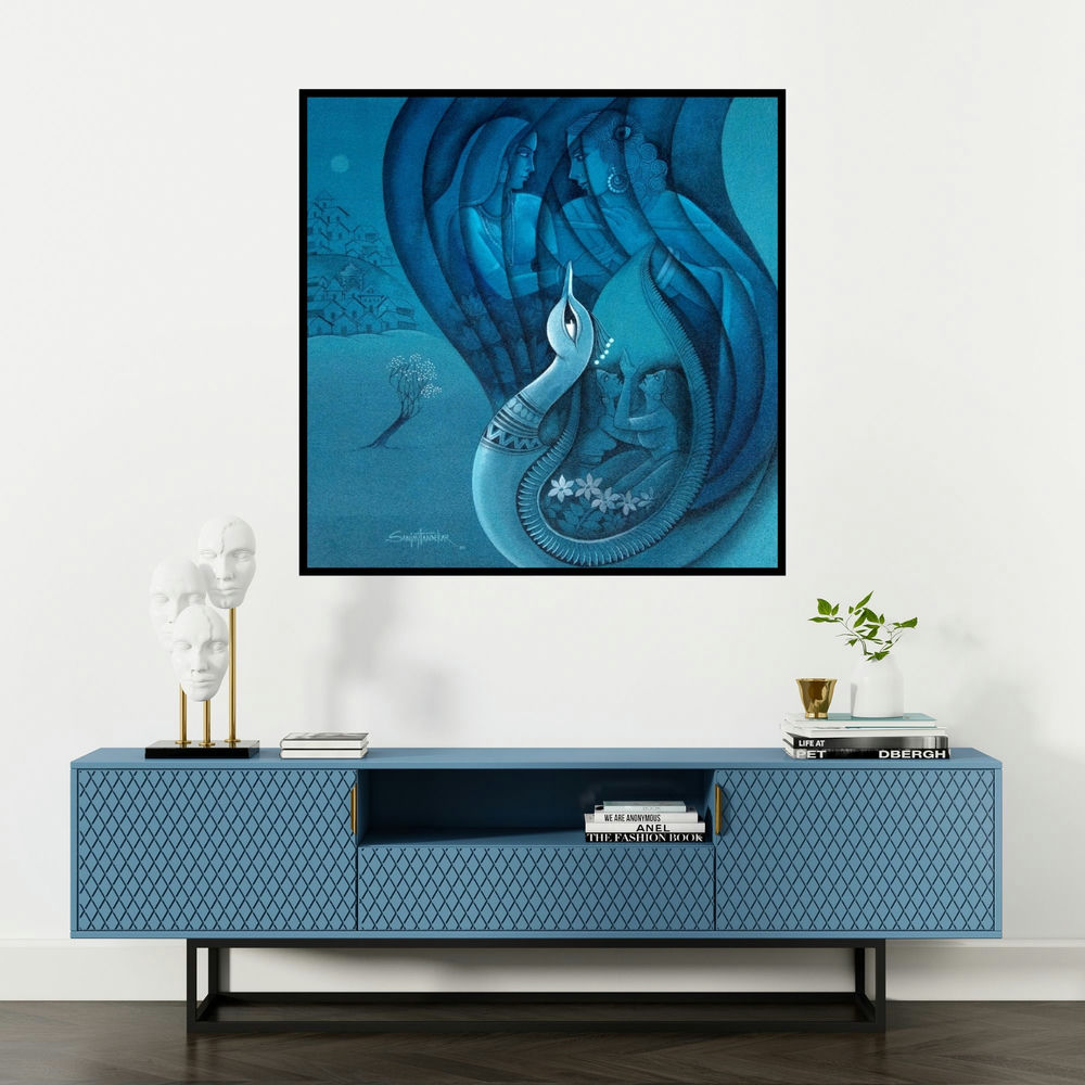 'Affection 19 (Family within the Peacock)' painting by Sanjay Tandekar shown on a wall in a furnished room.