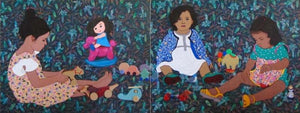 Figurative acrylic painting titled 'Affection Of Toys (Diptych)', 36x96 inches, by artist Monica Ghule on Canvas