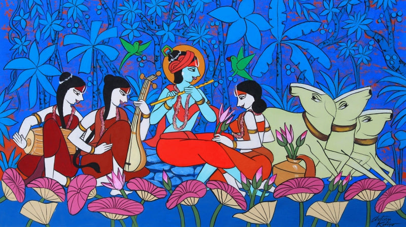 Affinity' religious acrylic painting by artist Chetan Katigar, 22x38 inch, on canvas