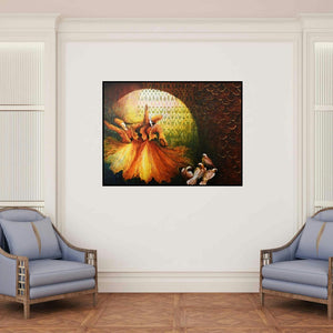 'Aftab (The Dance of Ecstasy)' painting by Radhika Seksaria shown on a wall in a furnished room.