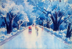 After A Rain (Sapphire Shimmers) by Rahul Salve, Original Watercolor Cityscape Painting on Paper, Small Horizontal Wall Art