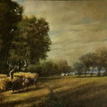 Landscape oil painting titled 'After Harvest', 28x20 inches, by artist Biju Thomas on Canvas
