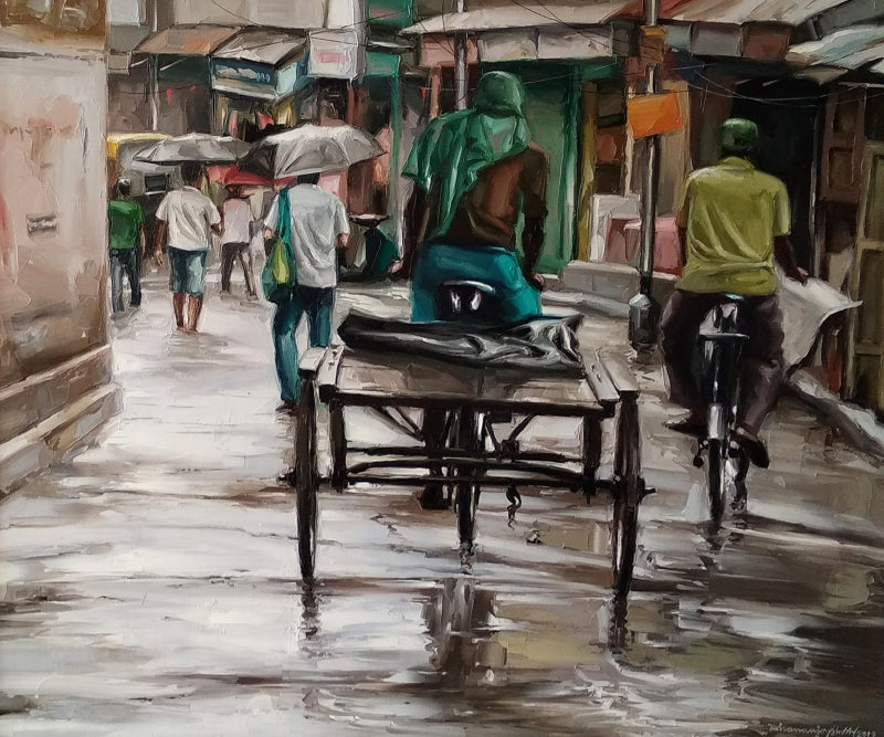 After The Rain 1' cityscape oil painting by artist Dhananjoy Ghosh, 30x36 inch, on canvas