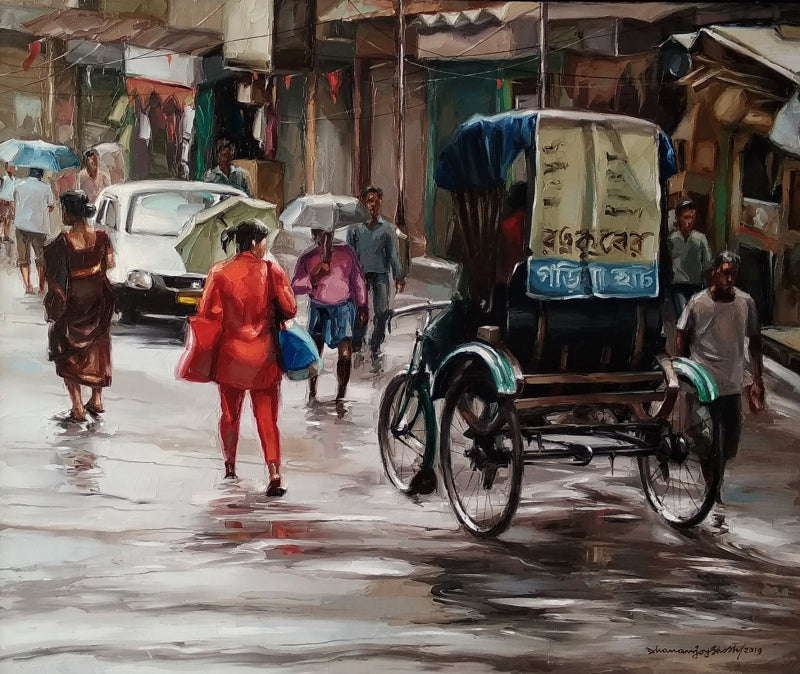 After The Rain 2' cityscape oil painting by artist Dhananjoy Ghosh, 30x36 inch, on canvas