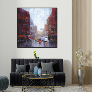 Purnendu Mandal's 'After Rain In Kolkata 2 (A Rainy Day in Kolkata)' painting visualized above a sofa in a contemporary room.