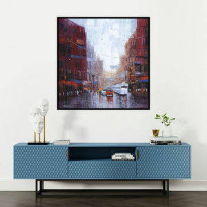 'After Rain In Kolkata 2 (A Rainy Day in Kolkata)' painting by Purnendu Mandal shown on a wall in a furnished room.